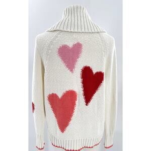 Anthropologie Maeve White Heart Cardigan Cotton Sweater Red Pink Cardi l XS